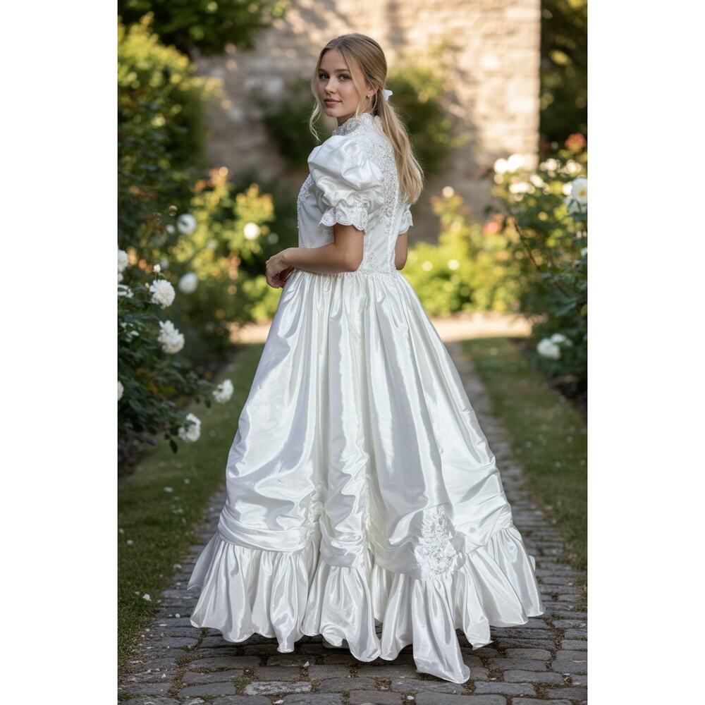 Fairycore Y2K Retro Eden Bridals Beaded Satin Gown Puffed Sleeve Dress Princess